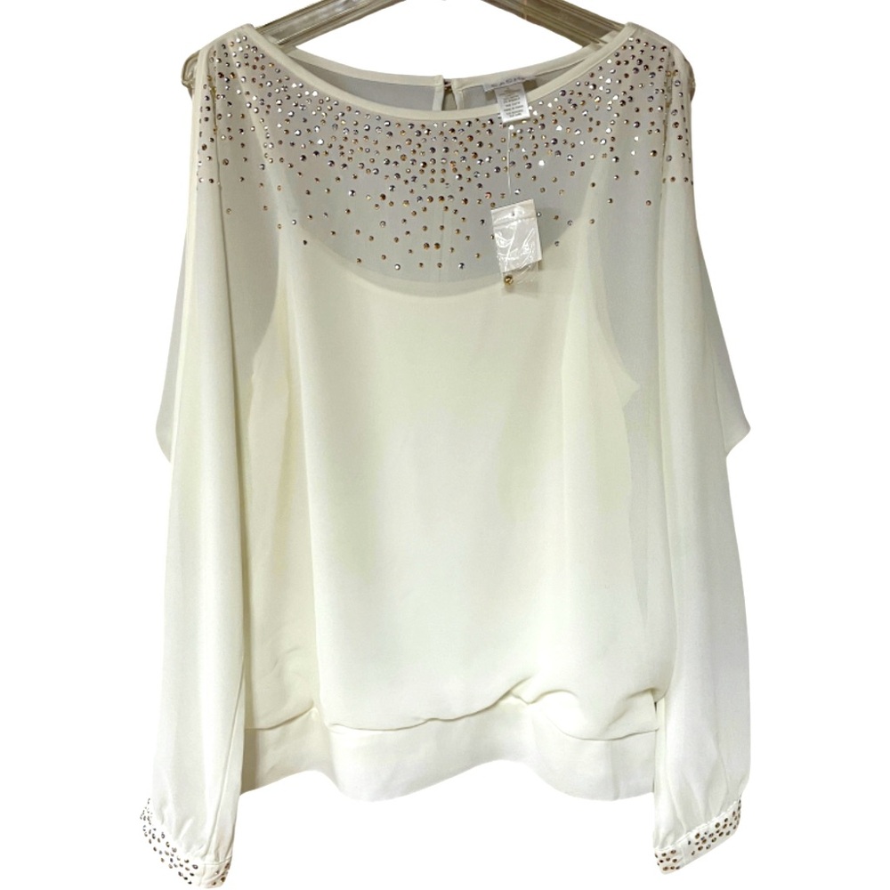 NWT Cache sheer white gold silver studded cold shoulder, slit back blouse, sz XL